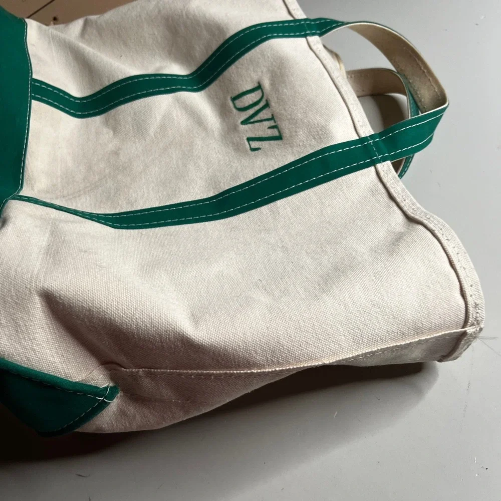 LL Bean Boat and Tote Zip Top Canvas Bag‎ Green Cream DVZ Monogram Large